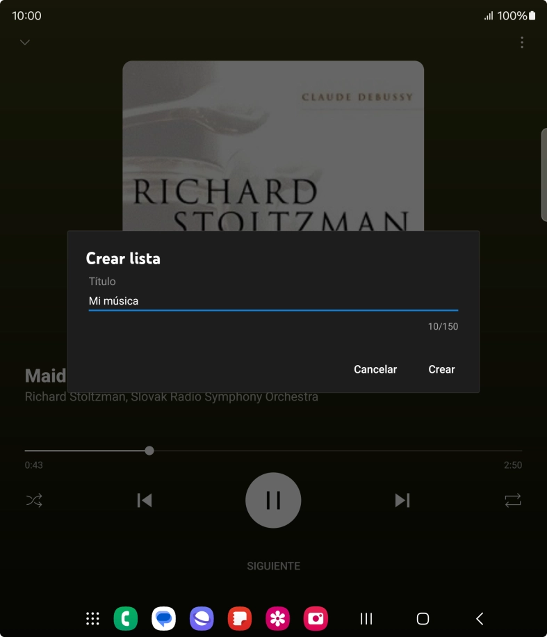 Introduce el nombre deseado de la lista de reproducción y pulsa Crear. Introduce el nombre deseado de la lista de reproducción y pulsa Crear.