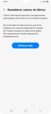 Pulsa Eliminar todo. Espera unos instantes mientras el teléfono restablece la configuración predeterminada. Sigue las indicaciones de la pantalla para configurar el teléfono y dejarlo listo para su uso.
