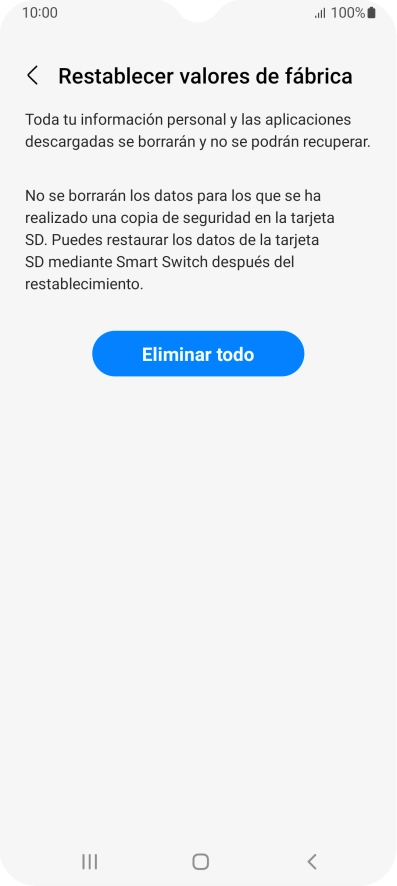 Pulsa Eliminar todo. Espera unos instantes mientras el teléfono restablece la configuración predeterminada. Sigue las indicaciones de la pantalla para configurar el teléfono y dejarlo listo para su uso.