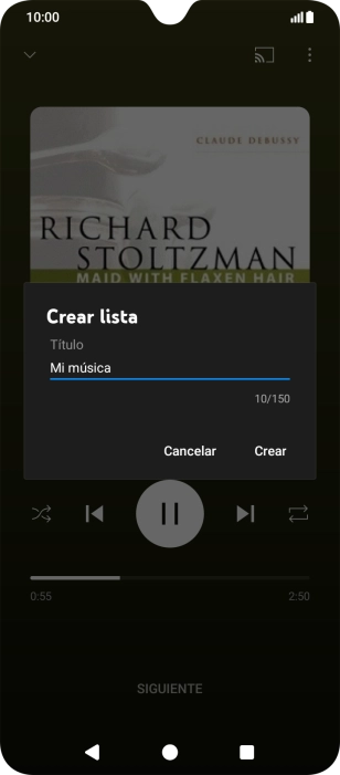 Introduce el nombre deseado de la lista de reproducción y pulsa Crear. Introduce el nombre deseado de la lista de reproducción y pulsa Crear.