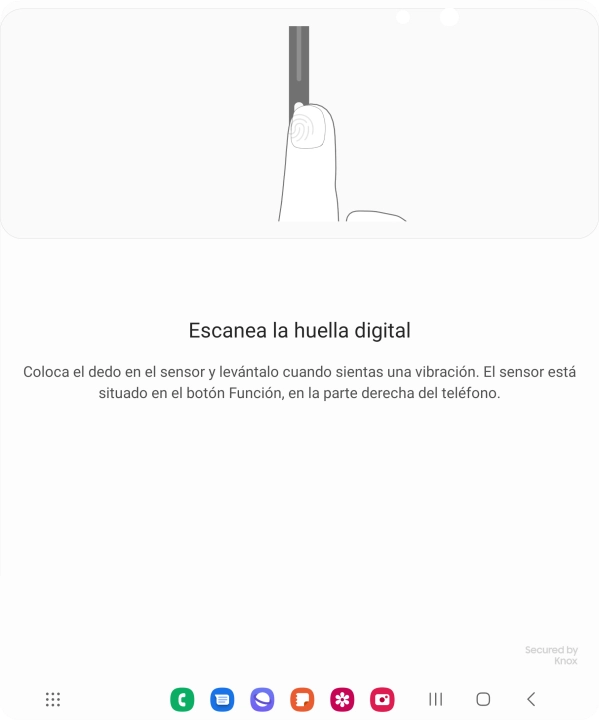 Sigue las indicaciones de la pantalla para crear una huella digital como código de seguridad. Sigue las indicaciones de la pantalla para crear una huella digital como código de seguridad.