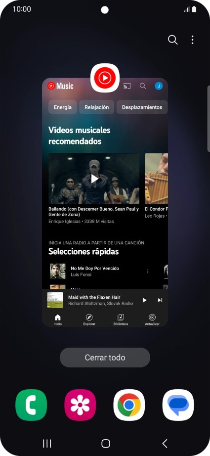 Para cerrar una sola aplicación en ejecución, desliza el dedo hacia arriba sobre la aplicación deseada. Para cerrar una sola aplicación en ejecución, desliza el dedo hacia arriba sobre la aplicación deseada.