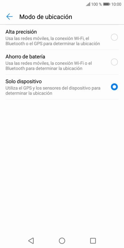 Si seleccionas Alta precisión, el teléfono podrá encontrar tu posición exacta con ayuda de los satélites GPS, la red móvil y una red wifi cercana. El GPS por satélite requiere vista libre al cielo. Si seleccionas Alta precisión, el teléfono podrá encontrar tu posición exacta con ayuda de los satélites GPS, la red móvil y una red wifi cercana. El GPS por satélite requiere vista libre al cielo.