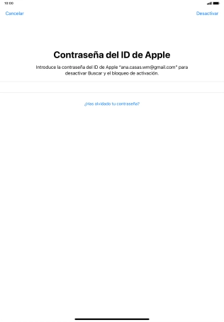 Introduce la contraseña de tu ID de Apple y pulsa Desactivar. Introduce la contraseña de tu ID de Apple y pulsa Desactivar.
