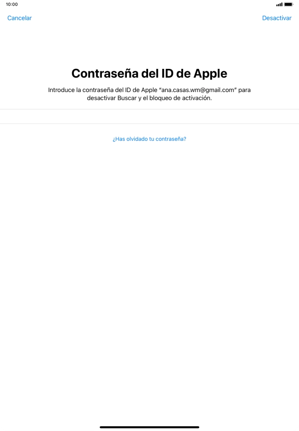 Introduce la contraseña de tu ID de Apple y pulsa Desactivar. Introduce la contraseña de tu ID de Apple y pulsa Desactivar.