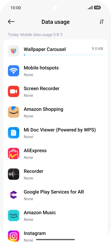 The data usage for each application is displayed below the name of the application. The data usage for each application is displayed below the name of the application.