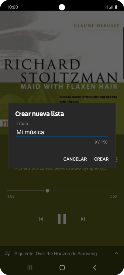 Introduce el nombre deseado de la lista de reproducción y pulsa CREAR. Introduce el nombre deseado de la lista de reproducción y pulsa CREAR.
