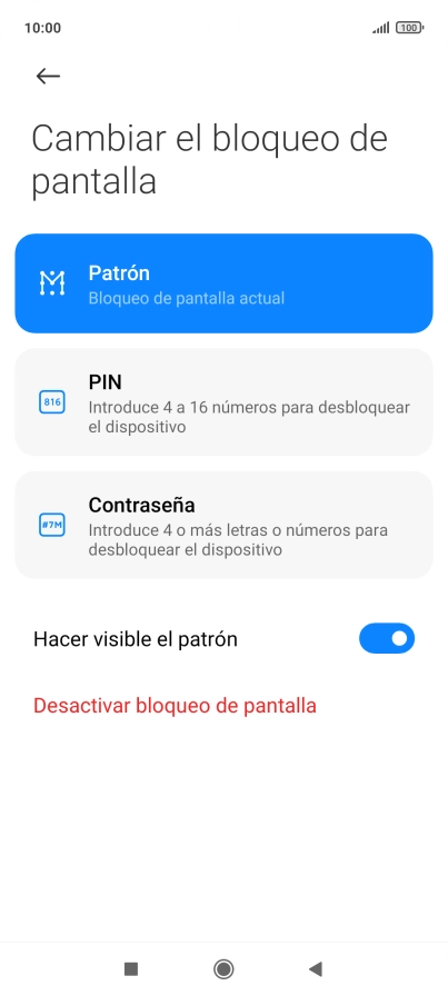 Pulsa Desactivar bloqueo de pantalla e introduce el código de seguridad extra que has creado anteriormente. Pulsa Desactivar bloqueo de pantalla e introduce el código de seguridad extra que has creado anteriormente.