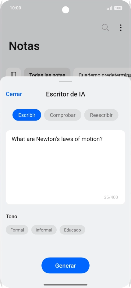 Para generar un texto, pulsa Escribir. Para generar un texto, pulsa Escribir.