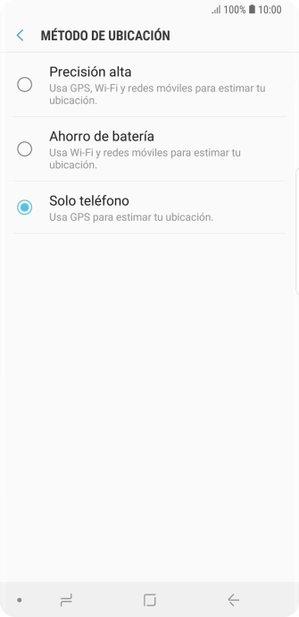 Si seleccionas Precisión alta, el teléfono podrá encontrar tu posición exacta con ayuda de los satélites GPS, la red móvil y una red wifi cercana. El GPS por satélite requiere vista libre al cielo. Si seleccionas Precisión alta, el teléfono podrá encontrar tu posición exacta con ayuda de los satélites GPS, la red móvil y una red wifi cercana. El GPS por satélite requiere vista libre al cielo.