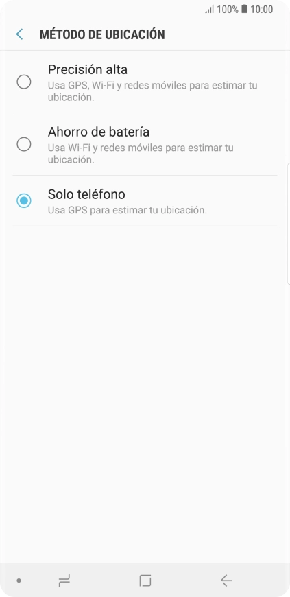 Si seleccionas Precisión alta, el teléfono podrá encontrar tu posición exacta con ayuda de los satélites GPS, la red móvil y una red wifi cercana. El GPS por satélite requiere vista libre al cielo. Si seleccionas Precisión alta, el teléfono podrá encontrar tu posición exacta con ayuda de los satélites GPS, la red móvil y una red wifi cercana. El GPS por satélite requiere vista libre al cielo.