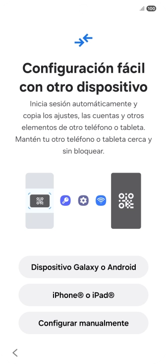 Pulsa la opción deseada para transferir contenido desde otro dispositivo y pulsa Configurar manualmente. Pulsa la opción deseada para transferir contenido desde otro dispositivo y pulsa Configurar manualmente.