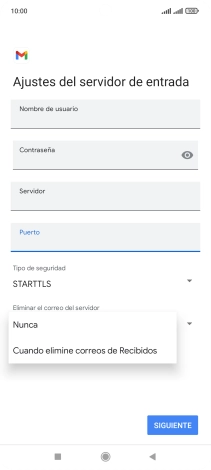 Pulsa Nunca para conservar los correos electrónicos en el servidor cuando los borras del teléfono. Pulsa Nunca para conservar los correos electrónicos en el servidor cuando los borras del teléfono.