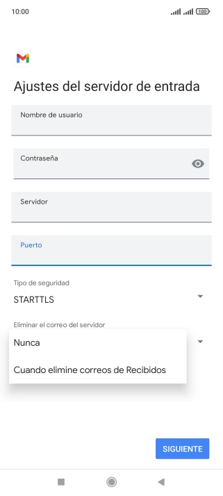 Pulsa Nunca para conservar los correos electrónicos en el servidor cuando los borras del teléfono. Pulsa Nunca para conservar los correos electrónicos en el servidor cuando los borras del teléfono.