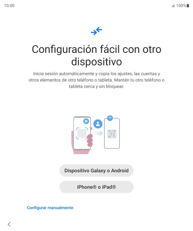 Pulsa la opción deseada para transferir contenido desde otro dispositivo y pulsa Configurar manualmente. Pulsa la opción deseada para transferir contenido desde otro dispositivo y pulsa Configurar manualmente.