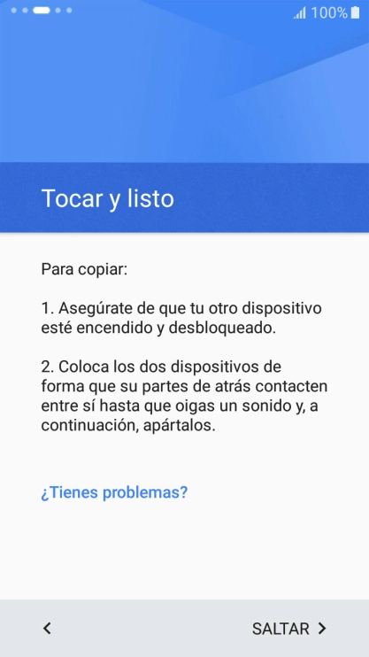 Sigue las indicaciones de la pantalla para conectar ambos teléfonos por NFC. Sigue las indicaciones de la pantalla del otro teléfono para confirmar la conexión con tu teléfono. Sigue las indicaciones de la pantalla para conectar ambos teléfonos por NFC. Sigue las indicaciones de la pantalla del otro teléfono para confirmar la conexión con tu teléfono.