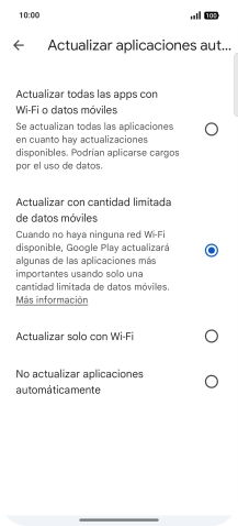 Para activar la actualización automática de apps utilizando la red móvil, pulsa Actualizar todas las apps con Wi-Fi o datos móviles. Para activar la actualización automática de apps utilizando la red móvil, pulsa Actualizar todas las apps con Wi-Fi o datos móviles.