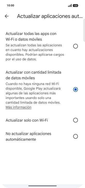 Para activar la actualización automática de apps utilizando la red móvil, pulsa Actualizar todas las apps con Wi-Fi o datos móviles. Para activar la actualización automática de apps utilizando la red móvil, pulsa Actualizar todas las apps con Wi-Fi o datos móviles.