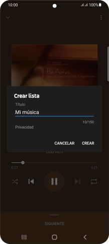 Introduce el nombre deseado de la lista de reproducción y pulsa CREAR. Introduce el nombre deseado de la lista de reproducción y pulsa CREAR.