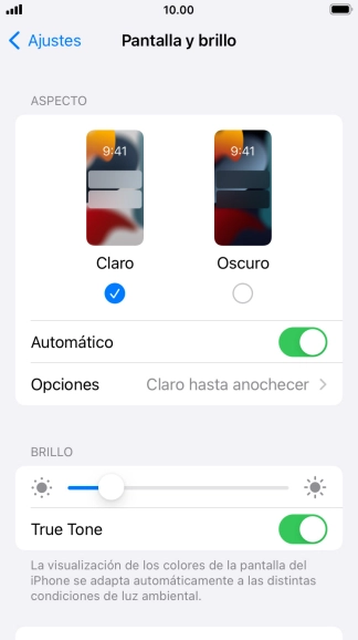 Si activas la función, pulsa Opciones y sigue las indicaciones de la pantalla para seleccionar el período de tiempo que debe durar el Modo Oscuro.