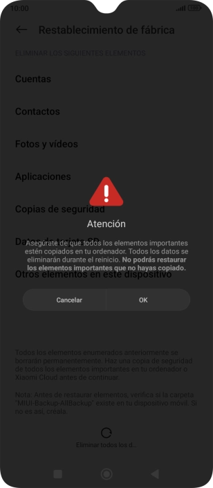 Pulsa OK. Espera unos instantes mientras el teléfono restablece la configuración predeterminada. Sigue las indicaciones de la pantalla para configurar el teléfono y dejarlo listo para su uso.