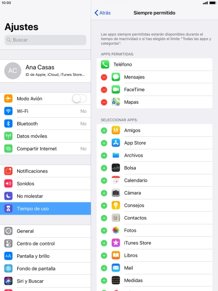 Pulsa el icono de añadir junto a la app deseada para añadirla a la lista de apps permitidas bajo el tiempo de inactividad de pantalla. Pulsa el icono de añadir junto a la app deseada para añadirla a la lista de apps permitidas bajo el tiempo de inactividad de pantalla.