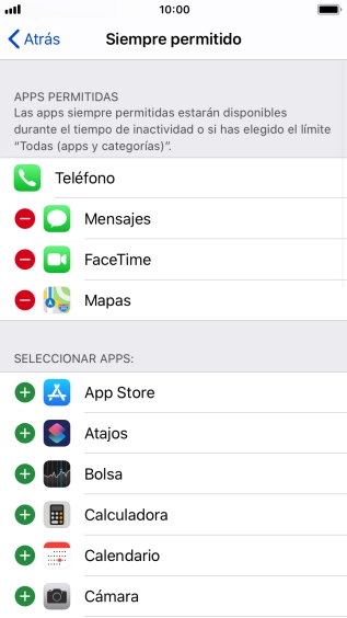 Pulsa el icono de añadir junto a la app deseada para añadirla a la lista de apps permitidas bajo el tiempo de inactividad de pantalla.