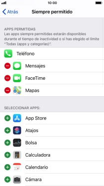 Pulsa el icono de añadir junto a la app deseada para añadirla a la lista de apps permitidas bajo el tiempo de inactividad de pantalla. Pulsa el icono de añadir junto a la app deseada para añadirla a la lista de apps permitidas bajo el tiempo de inactividad de pantalla.