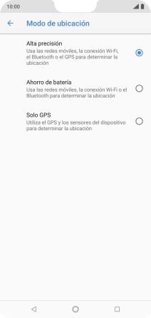 Si seleccionas Alta precisión, el teléfono podrá encontrar tu posición exacta con ayuda de los satélites GPS, la red móvil y una red wifi cercana. El GPS por satélite requiere vista libre al cielo. Si seleccionas Alta precisión, el teléfono podrá encontrar tu posición exacta con ayuda de los satélites GPS, la red móvil y una red wifi cercana. El GPS por satélite requiere vista libre al cielo.
