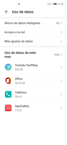 El consumo de datos por cada aplicación aparece bajo el nombre de la aplicación. El consumo de datos por cada aplicación aparece bajo el nombre de la aplicación.