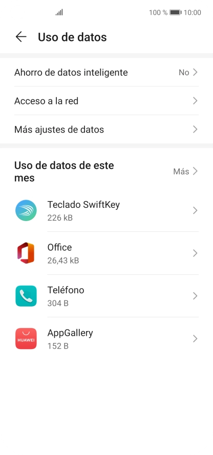 El consumo de datos por cada aplicación aparece bajo el nombre de la aplicación. El consumo de datos por cada aplicación aparece bajo el nombre de la aplicación.
