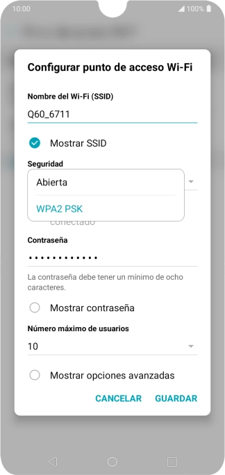 Pulsa WPA2 PSK para proteger la conexión wifi con una contraseña. Pulsa WPA2 PSK para proteger la conexión wifi con una contraseña.