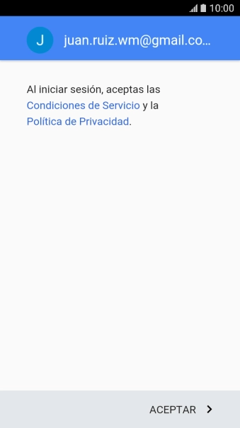 Pulsa ACEPTAR y sigue las indicaciones de la pantalla para seleccionar los ajustes de tu cuenta de Google. Pulsa ACEPTAR y sigue las indicaciones de la pantalla para seleccionar los ajustes de tu cuenta de Google.