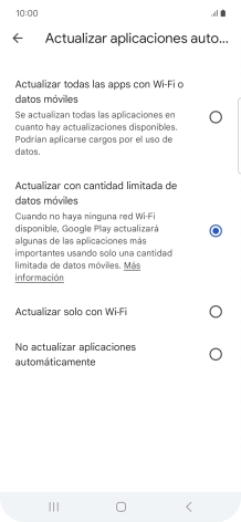 Para activar la actualización automática de apps utilizando la red móvil, pulsa Actualizar todas las apps con Wi-Fi o datos móviles. Para activar la actualización automática de apps utilizando la red móvil, pulsa Actualizar todas las apps con Wi-Fi o datos móviles.