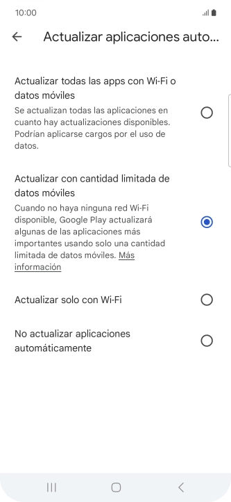 Para activar la actualización automática de apps utilizando la red móvil, pulsa Actualizar todas las apps con Wi-Fi o datos móviles. Para activar la actualización automática de apps utilizando la red móvil, pulsa Actualizar todas las apps con Wi-Fi o datos móviles.