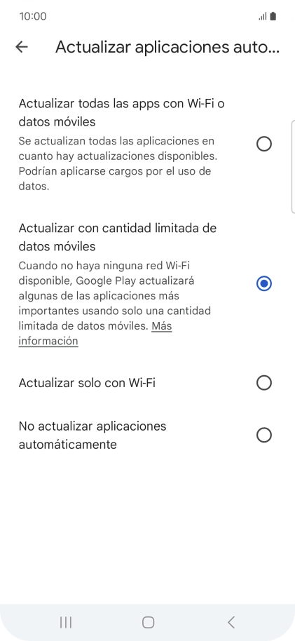 Para activar la actualización automática de apps utilizando la red móvil, pulsa Actualizar todas las apps con Wi-Fi o datos móviles. Para activar la actualización automática de apps utilizando la red móvil, pulsa Actualizar todas las apps con Wi-Fi o datos móviles.