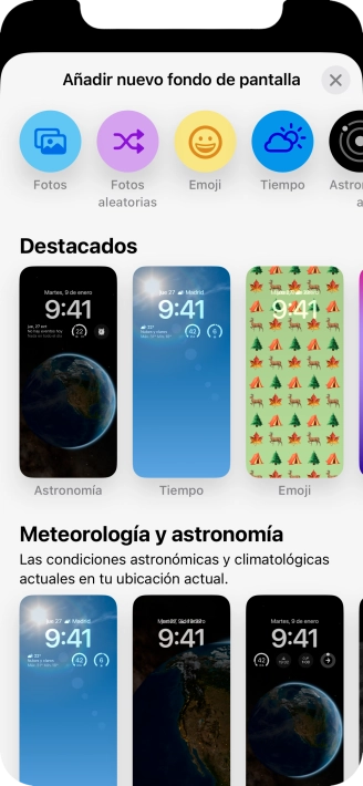 Pulsa una categoría y sigue las indicaciones de la pantalla para seleccionar la imagen de fondo deseada. Pulsa una categoría y sigue las indicaciones de la pantalla para seleccionar la imagen de fondo deseada.