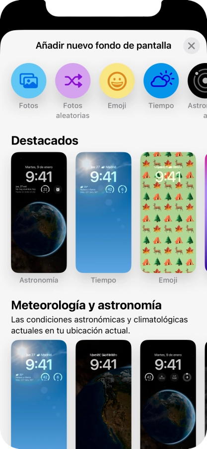 Pulsa una categoría y sigue las indicaciones de la pantalla para seleccionar la imagen de fondo deseada. Pulsa una categoría y sigue las indicaciones de la pantalla para seleccionar la imagen de fondo deseada.
