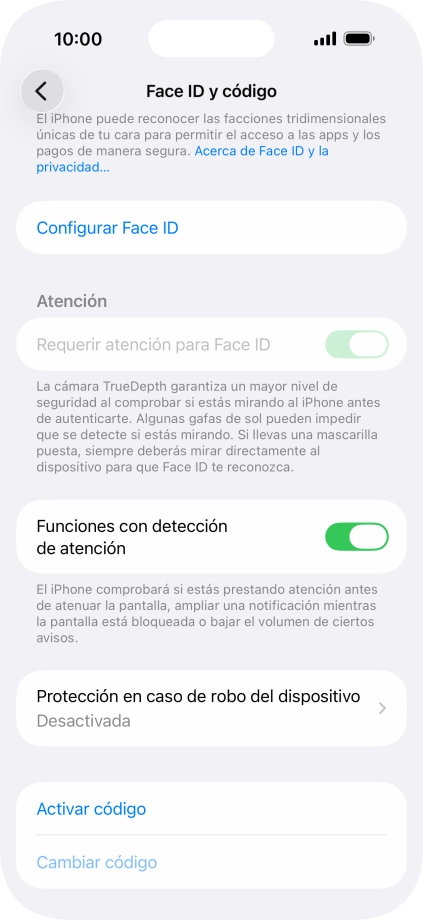 Pulsa Activar código e introduce un código de seguridad de libre elección dos veces seguidas. Pulsa Activar código e introduce un código de seguridad de libre elección dos veces seguidas.