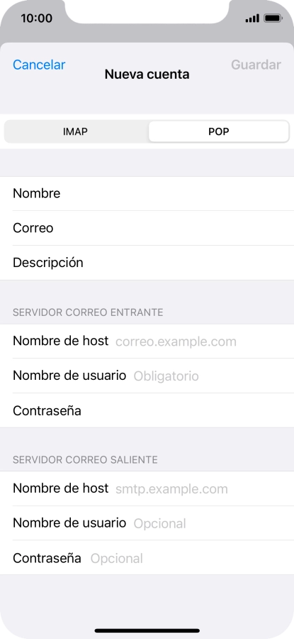 Pulsa Nombre de host e introduce el nombre del servidor de correo de entrada de tu proveedor de correo electrónico. Pulsa Nombre de host e introduce el nombre del servidor de correo de entrada de tu proveedor de correo electrónico.
