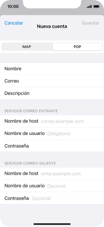 Pulsa Nombre de host e introduce el nombre del servidor de correo de entrada de tu proveedor de correo electrónico. Pulsa Nombre de host e introduce el nombre del servidor de correo de entrada de tu proveedor de correo electrónico.