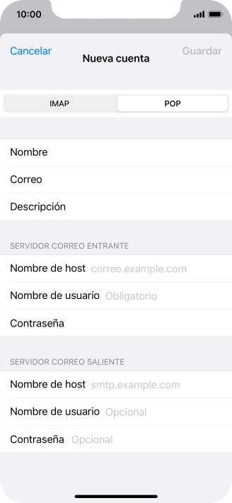 Pulsa Nombre de host e introduce el nombre del servidor de correo de entrada de tu proveedor de correo electrónico. Pulsa Nombre de host e introduce el nombre del servidor de correo de entrada de tu proveedor de correo electrónico.