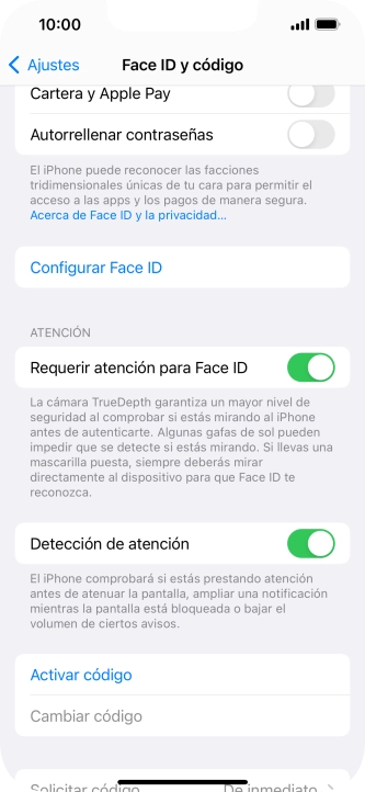 Pulsa Activar código e introduce un código de seguridad de libre elección dos veces seguidas. Pulsa Activar código e introduce un código de seguridad de libre elección dos veces seguidas.
