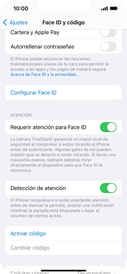Pulsa Activar código e introduce un código de seguridad de libre elección dos veces seguidas. Pulsa Activar código e introduce un código de seguridad de libre elección dos veces seguidas.