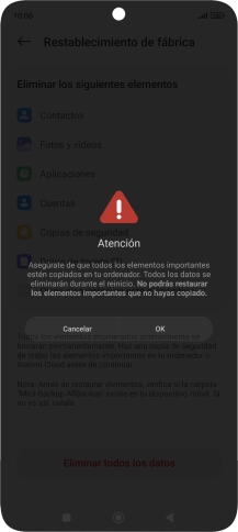 Pulsa OK. Espera unos instantes mientras el teléfono restablece la configuración predeterminada. Sigue las indicaciones de la pantalla para configurar el teléfono y dejarlo listo para su uso. Pulsa OK. Espera unos instantes mientras el teléfono restablece la configuración predeterminada. Sigue las indicaciones de la pantalla para configurar el teléfono y dejarlo listo para su uso.