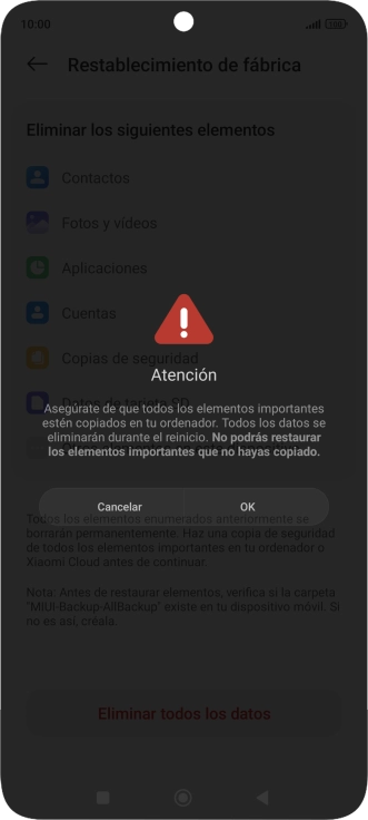 Pulsa OK. Espera unos instantes mientras el teléfono restablece la configuración predeterminada. Sigue las indicaciones de la pantalla para configurar el teléfono y dejarlo listo para su uso. Pulsa OK. Espera unos instantes mientras el teléfono restablece la configuración predeterminada. Sigue las indicaciones de la pantalla para configurar el teléfono y dejarlo listo para su uso.