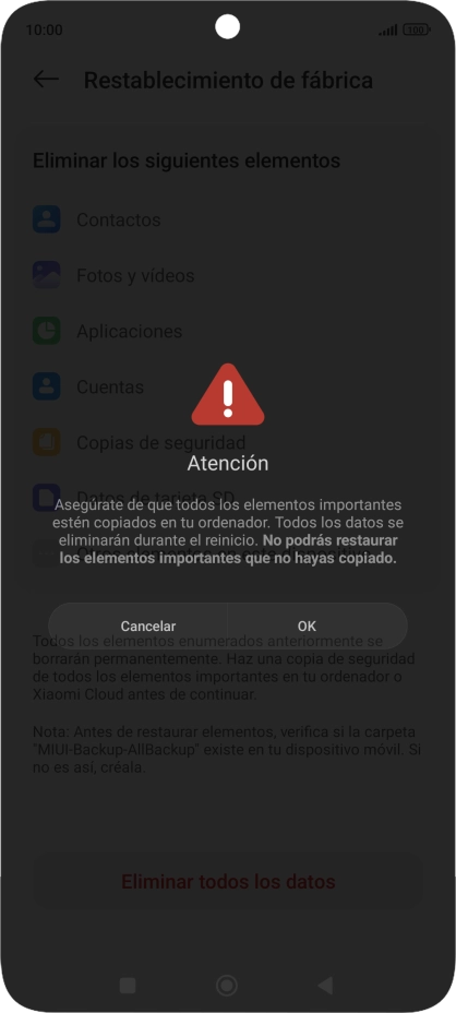 Pulsa OK. Espera unos instantes mientras el teléfono restablece la configuración predeterminada. Sigue las indicaciones de la pantalla para configurar el teléfono y dejarlo listo para su uso. Pulsa OK. Espera unos instantes mientras el teléfono restablece la configuración predeterminada. Sigue las indicaciones de la pantalla para configurar el teléfono y dejarlo listo para su uso.