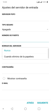 Pulsa Nunca para conservar los correos electrónicos en el servidor cuando los borras del teléfono. Pulsa Nunca para conservar los correos electrónicos en el servidor cuando los borras del teléfono.