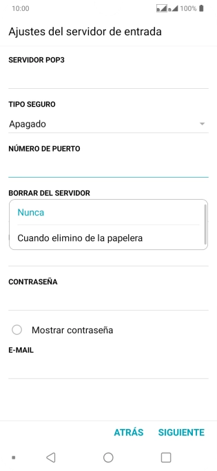 Pulsa Nunca para conservar los correos electrónicos en el servidor cuando los borras del teléfono. Pulsa Nunca para conservar los correos electrónicos en el servidor cuando los borras del teléfono.