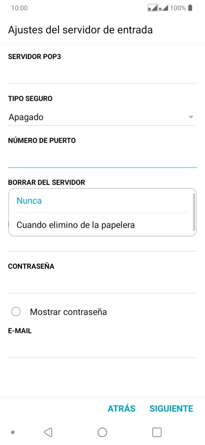 Pulsa Nunca para conservar los correos electrónicos en el servidor cuando los borras del teléfono. Pulsa Nunca para conservar los correos electrónicos en el servidor cuando los borras del teléfono.